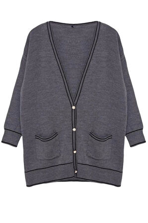 Kadın Tesettür Moda Şık Regular V Yaka Uzun Kol Renk Bloklu İnci Düğmeli Biyeli Oversize Triko Hırka