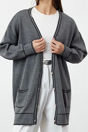 Kadın Tesettür Moda Şık Regular V Yaka Uzun Kol Renk Bloklu İnci Düğmeli Biyeli Oversize Triko Hırka