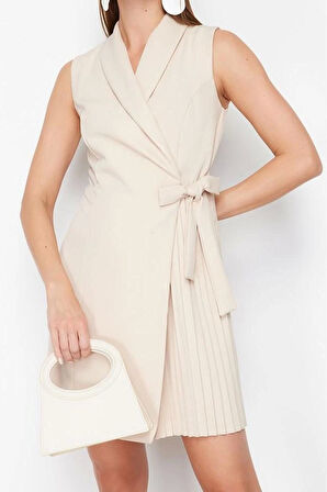 Kadın Moda Şık Mini Boy Ceket Yaka Regular Düz Dokuma Elbise