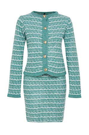 Kadın Moda Şık Regular Boy Uzun Kollu Örgü Detaylı Yumuşak Dokulu Hırka-Etek Triko Alt-Üst Takım