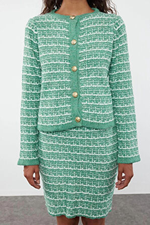 Kadın Moda Şık Regular Boy Uzun Kollu Örgü Detaylı Yumuşak Dokulu Hırka-Etek Triko Alt-Üst Takım