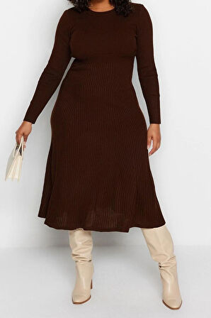 Yeni Fit Casual Günlük Fitilli Triko Bisiklet Yaka Uzun Kol A-Line Midi Boy Büyük Beden Elbise