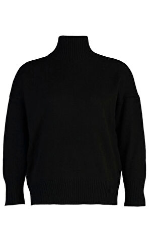 Kadın Büyük Beden Moda Şık Uzun Yarım Balıkçı Yaka Uzun Kol Düz Düşük Kol Triko Kazak