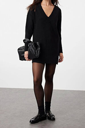 Yeni Oversize Casual Günlük Dolu İğne Triko V Yaka Uzun Kol Kazak Elbise Mini Boy Elbise