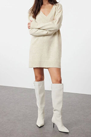 Yeni Oversize Casual Günlük Dolu İğne Triko V Yaka Uzun Kol Kazak Elbise Mini Boy Elbise