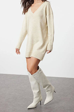 Yeni Oversize Casual Günlük Dolu İğne Triko V Yaka Uzun Kol Kazak Elbise Mini Boy Elbise