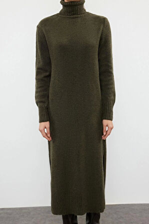 Yeni Oversize Casual Günlük Dolu İğne Triko Balıkçı Yaka Uzun Kol Shift Midi Boy Elbise