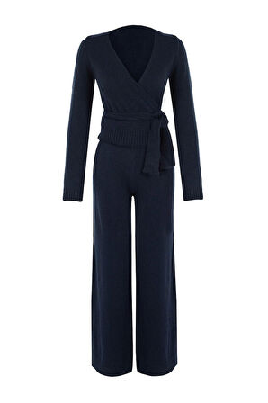 Kadın Moda Şık Boru Paça Crop Boy Uzun Kollu Crop Kruvaze Bağlama Detaylı Triko Alt-Üst Takım