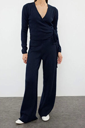 Kadın Moda Şık Boru Paça Crop Boy Uzun Kollu Crop Kruvaze Bağlama Detaylı Triko Alt-Üst Takım