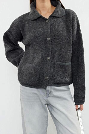 Kadın Moda Şık Regular Polo Yaka Oversize Süper Geniş Kalıp Polo Yaka Buklet Triko Hırka