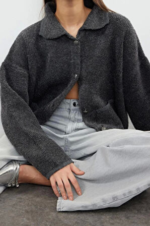 Kadın Moda Şık Regular Polo Yaka Oversize Süper Geniş Kalıp Polo Yaka Buklet Triko Hırka