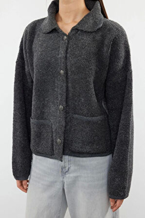 Kadın Moda Şık Regular Polo Yaka Oversize Süper Geniş Kalıp Polo Yaka Buklet Triko Hırka