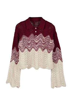 Kadın Moda Şık Polo Yaka Standart Kol Crop Mücevher Düğmeli Triko Kazak