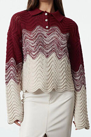 Kadın Moda Şık Polo Yaka Standart Kol Crop Mücevher Düğmeli Triko Kazak