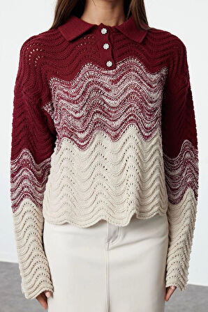 Kadın Moda Şık Polo Yaka Standart Kol Crop Mücevher Düğmeli Triko Kazak