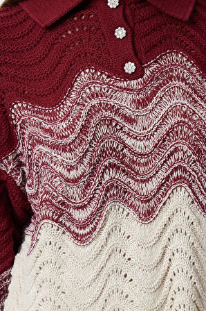 Kadın Moda Şık Polo Yaka Standart Kol Crop Mücevher Düğmeli Triko Kazak