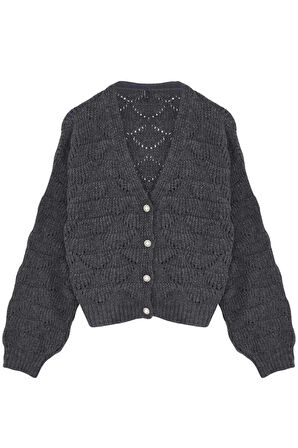 Kadın Moda Şık Regular V Yaka Regular Ajurlu Delikli V Yaka Triko Hırka