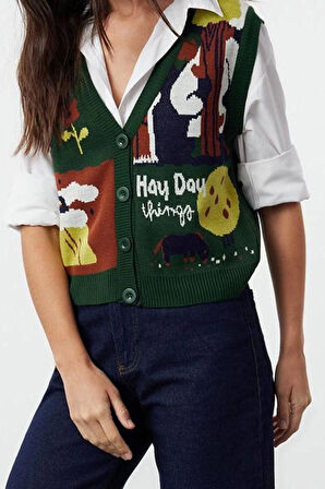 Kadın Moda Şık Regular V Yaka Regular Düğmeli Triko Yelek