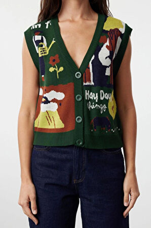 Kadın Moda Şık Regular V Yaka Regular Düğmeli Triko Yelek