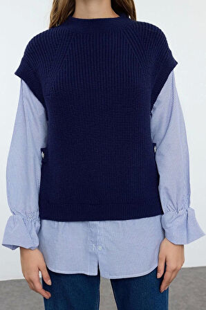 Kadın Moda Şık Dik Yaka Standart Kol Regular Yumuşak Dokulu Garni Detaylı Triko Kazak