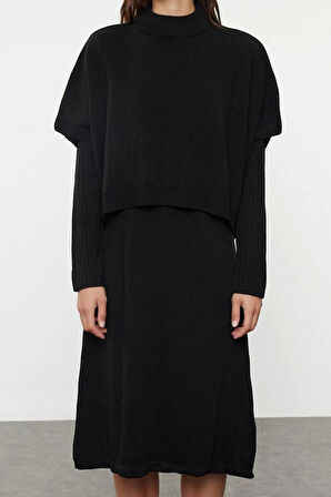 Kadın Moda Şık Midi Boy Dik Yaka Oversize Geniş Kalıp Triko Süveterli Elbise