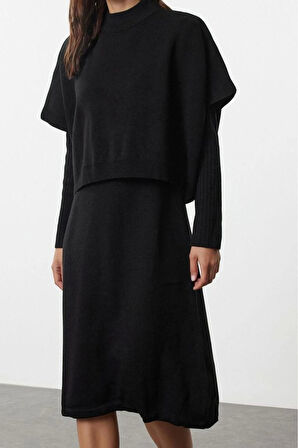 Kadın Moda Şık Midi Boy Dik Yaka Oversize Geniş Kalıp Triko Süveterli Elbise