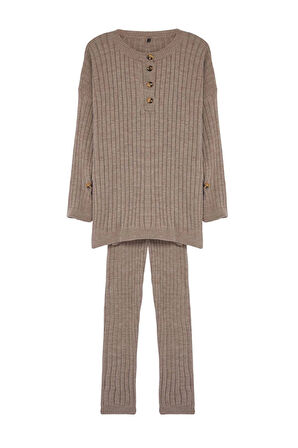 Kadın Moda Şık Dar Paça Regular Boy Uzun Kollu Fitilli Geniş Kalıp Triko Alt-Üst Takım