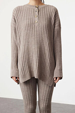 Kadın Moda Şık Dar Paça Regular Boy Uzun Kollu Fitilli Geniş Kalıp Triko Alt-Üst Takım