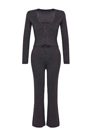 Kadın Moda Şık Geniş Paça Crop Boy Uzun Kollu Fitillli Bluz Hırka Pantolon Triko Alt-Üst Takım