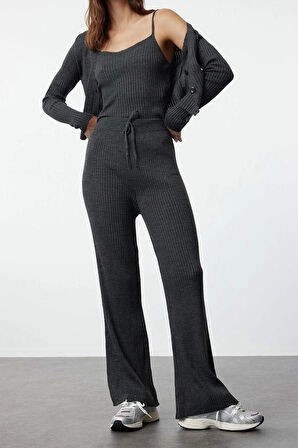 Kadın Moda Şık Geniş Paça Crop Boy Uzun Kollu Fitillli Bluz Hırka Pantolon Triko Alt-Üst Takım