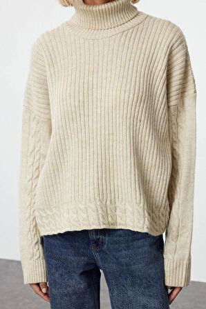 Kadın Moda Şık Regular Balıkçı Yaka Uzun Kol Saç Örgü Balıkçı Yaka lü Yumuşak Dokulu Triko Kazak