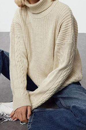 Kadın Moda Şık Regular Balıkçı Yaka Uzun Kol Saç Örgü Balıkçı Yaka lü Yumuşak Dokulu Triko Kazak