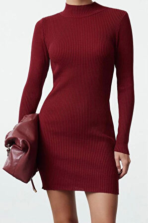 Kadın Moda Şık Mini Boy Dik Yaka Slim Triko Vücuda Oturan Elbise