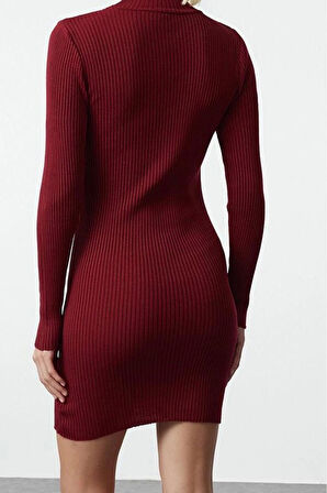 Kadın Moda Şık Mini Boy Dik Yaka Slim Triko Vücuda Oturan Elbise