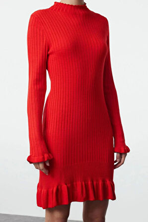 Kadın Moda Şık Mini Boy Dik Yaka Regular Triko Etek Ucu Detaylı Elbise