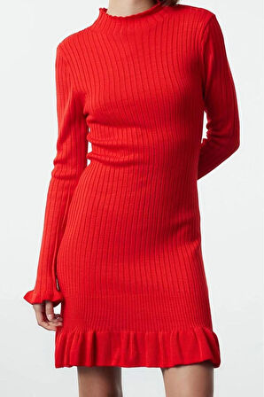 Kadın Moda Şık Mini Boy Dik Yaka Regular Triko Etek Ucu Detaylı Elbise