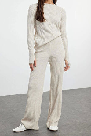 Kadın Moda Şık Regular Boy Uzun Kollu Basic Parmak Detaylı Triko Alt-Üst Takım