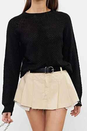 Kadın Moda Şık Bisiklet Yaka Reglan Kol Regular lu Dikişsiz Triko Kazak