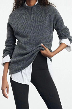 Kadın Moda Şık Dik Yaka Reglan Kol Uzun Yumuşak Dokulu Dikişsiz Triko Kazak