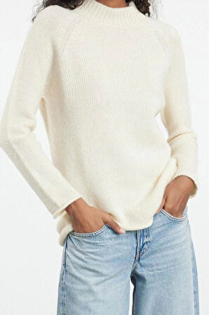 Kadın Moda Şık Dik Yaka Reglan Kol Uzun Yumuşak Dokulu Dikişsiz Triko Kazak