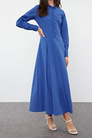 Yeni Regular Casual Günlük Poplin Dokuma Dik Yaka Uzun Kol A-Line Maxi Boy Tesettür Elbise