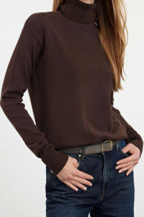 Kadın Moda Şık Balıkçı Yaka Standart Kol Regular Yünlü Couple Geniş Kalıp Triko Kazak