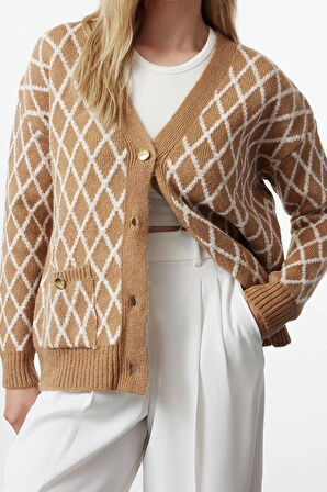 Kadın Moda Şık Regular V Yaka Regular Yumuşak Dokulu Simli Triko Hırka