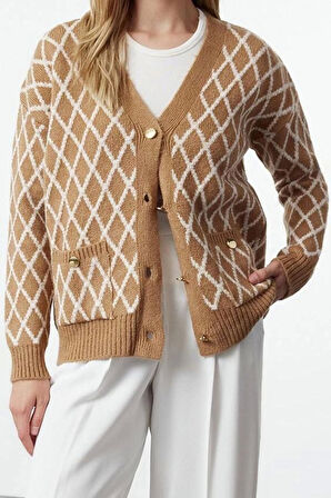 Kadın Moda Şık Regular V Yaka Regular Yumuşak Dokulu Simli Triko Hırka