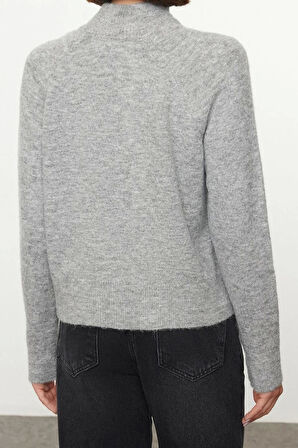 Kadın Moda Şık Dik Yaka Reglan Kol Regular Yünlü Triko Kazak