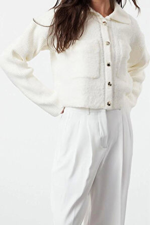 Kadın Moda Regular Polo Yaka Regular Oversize Geniş Kalıp Buklet Mont Görünümlü Triko Hırka