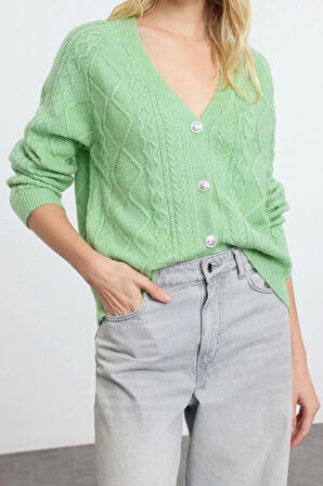 Kadın Moda Şık Regular V Yaka Oversize Geniş Kalıp Simli Triko Hırka