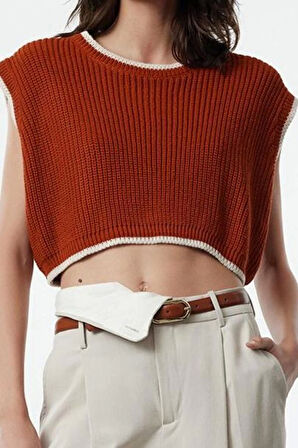 Kadın Moda Şık Bisiklet Yaka Standart Kol Crop Triko Süveter