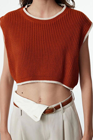 Kadın Moda Şık Bisiklet Yaka Standart Kol Crop Triko Süveter