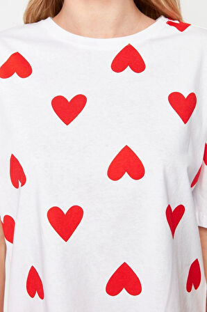 Kadın %100 Pamuk Bisiklet Yaka Kısa Kol 100% Pamuk Kalpli Örme Pijama Takımı